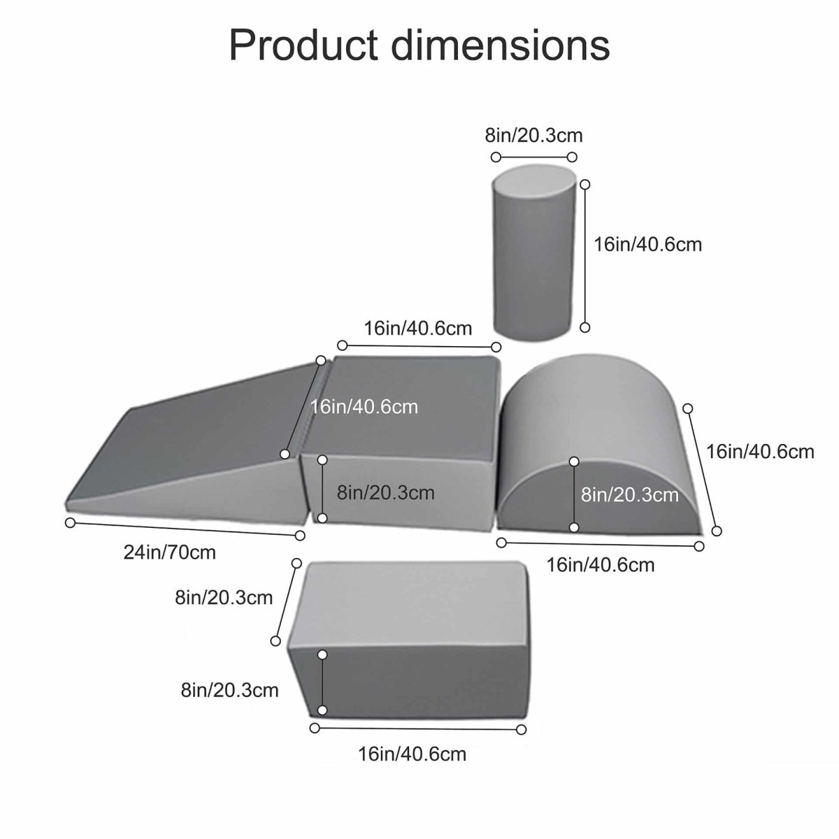 Gymnastics soft play shapes dimension chart including wedge, cylinder, and rectangular blocks.