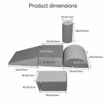 Gymnastics soft play shapes dimension chart including wedge, cylinder, and rectangular blocks.