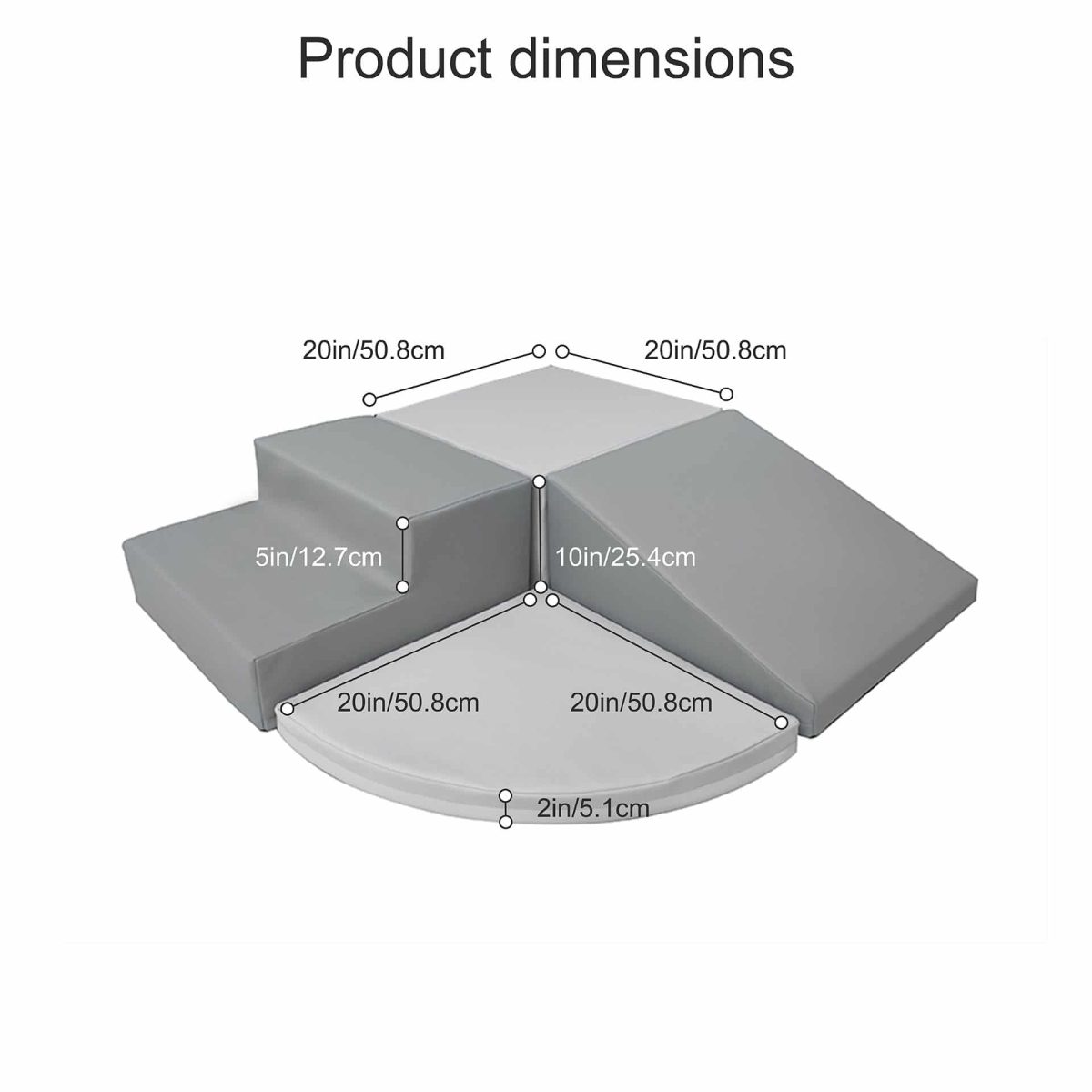 Airtumble soft play set with labeled dimensions for each piece, including ramps, steps, and curved base.