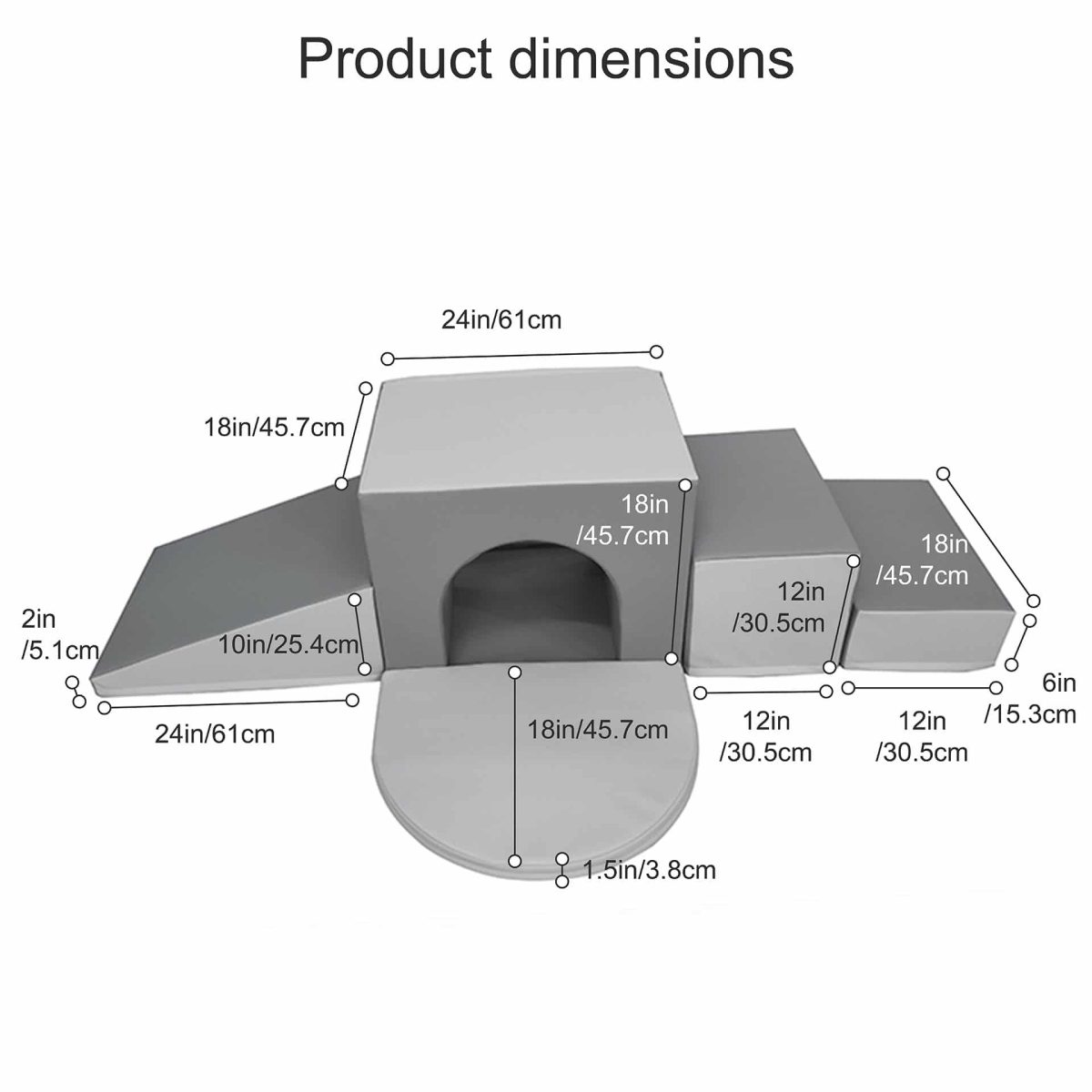 Airtumble Climb and Slide Ultimate Soft Play Set with anti-slip base and Velcro connectors, shown with dimensions displayed.