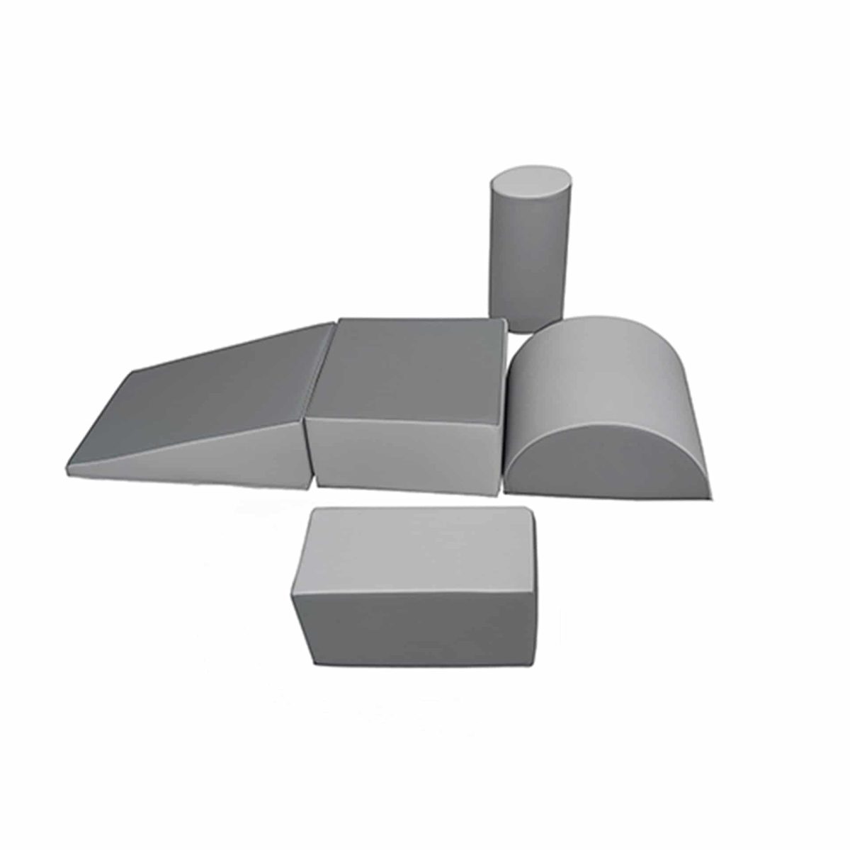 Set of grey gymnastics foam shapes including blocks, wedge, and cylinder