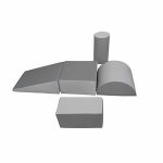 Set of grey gymnastics foam shapes including blocks, wedge, and cylinder