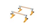 Set of two portable handstand and push-up training bars with wooden grips and sturdy metal stands.