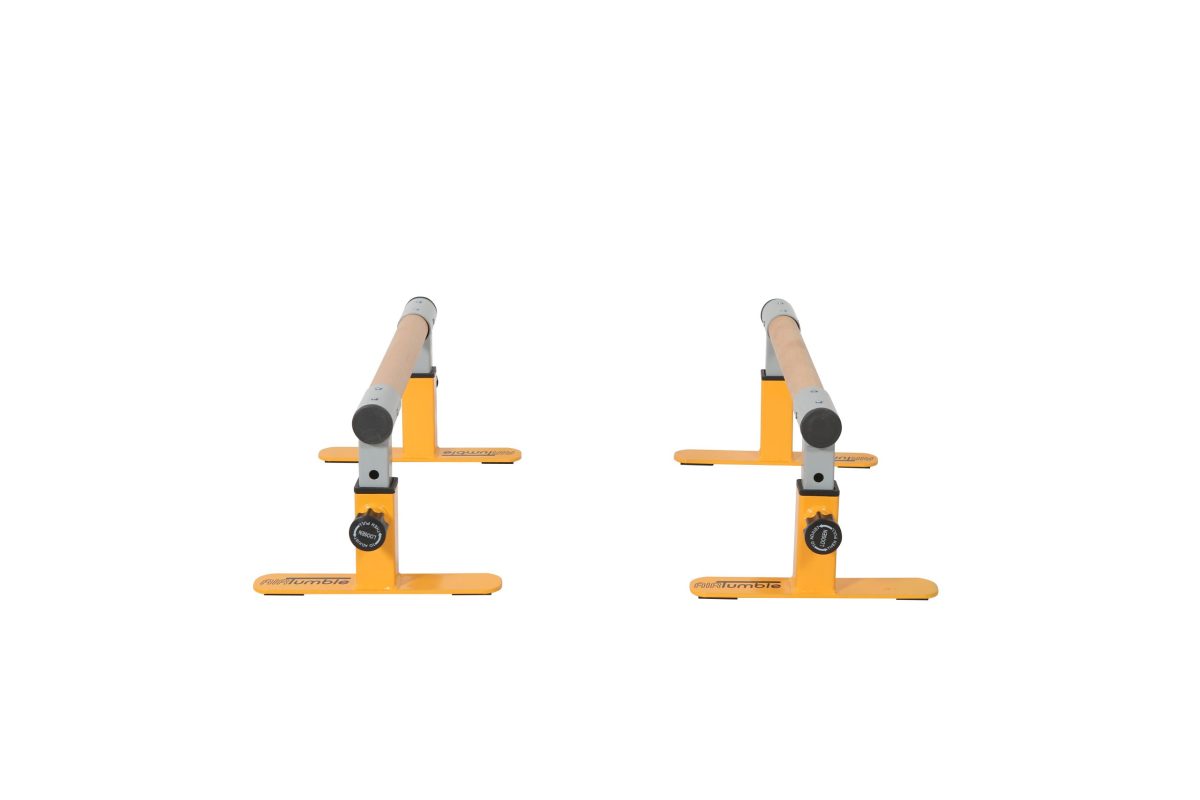Two AirTumble Adjustable Gymnastics Handstand Bars displayed side by side, featuring adjustable heights and sturdy frames.