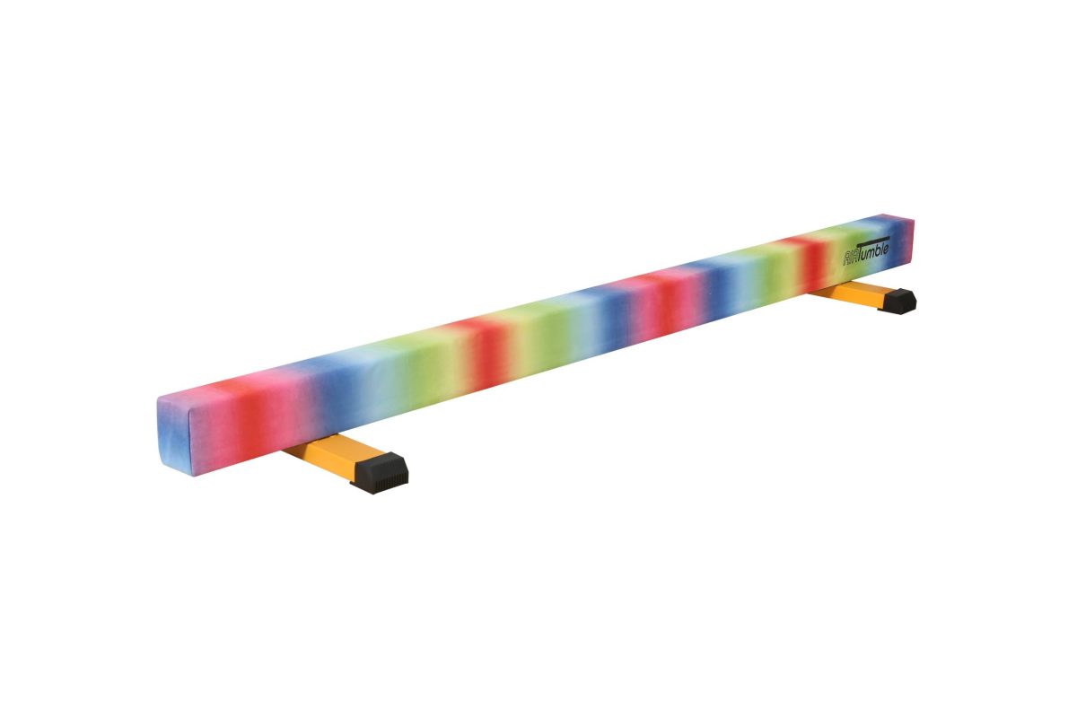 AirTumble Adjustable Gymnastics Beam with a colourful padded top and sturdy yellow base for safe balance training.