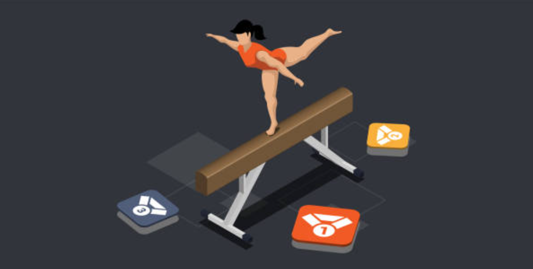 Athlete practicing balance skills on gymnastics beam