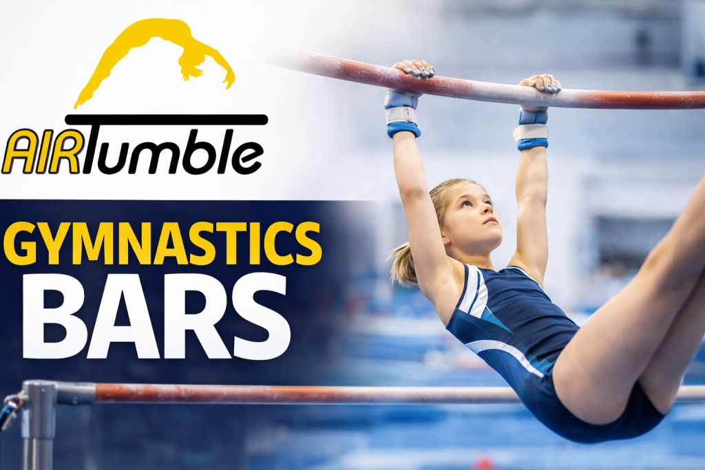 AIR Tumble gymnastics banner featuring a young gymnast performing on the uneven bars.
