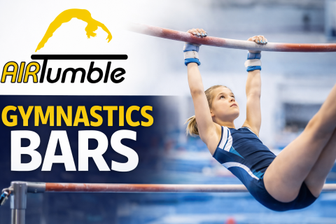 AIR Tumble gymnastics banner featuring a young gymnast performing on the uneven bars.