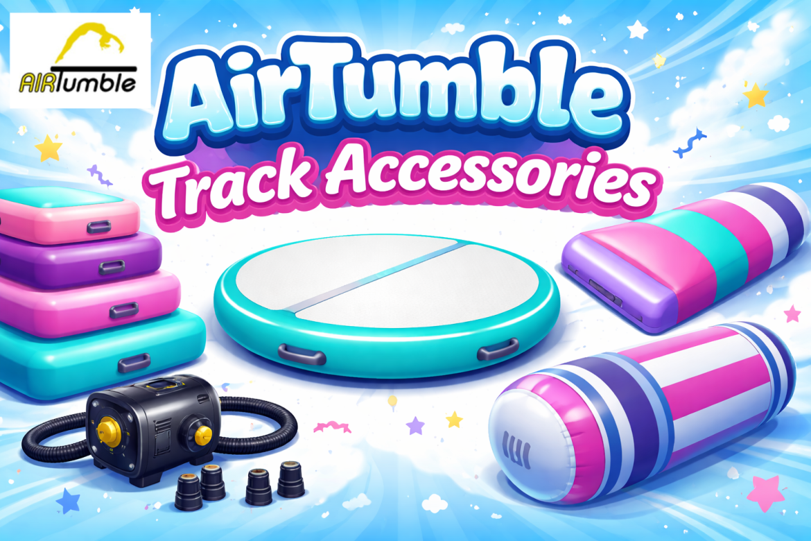 Colorful promotional banner for AirTumble Track Accessories featuring inflatable gymnastics equipment including stacked air blocks, a round air mat, an air roller, wedge mats, and an electric air pump on a bright blue background with clouds and stars.
