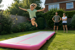 Child jumping on an AirTrack in a sunny garden