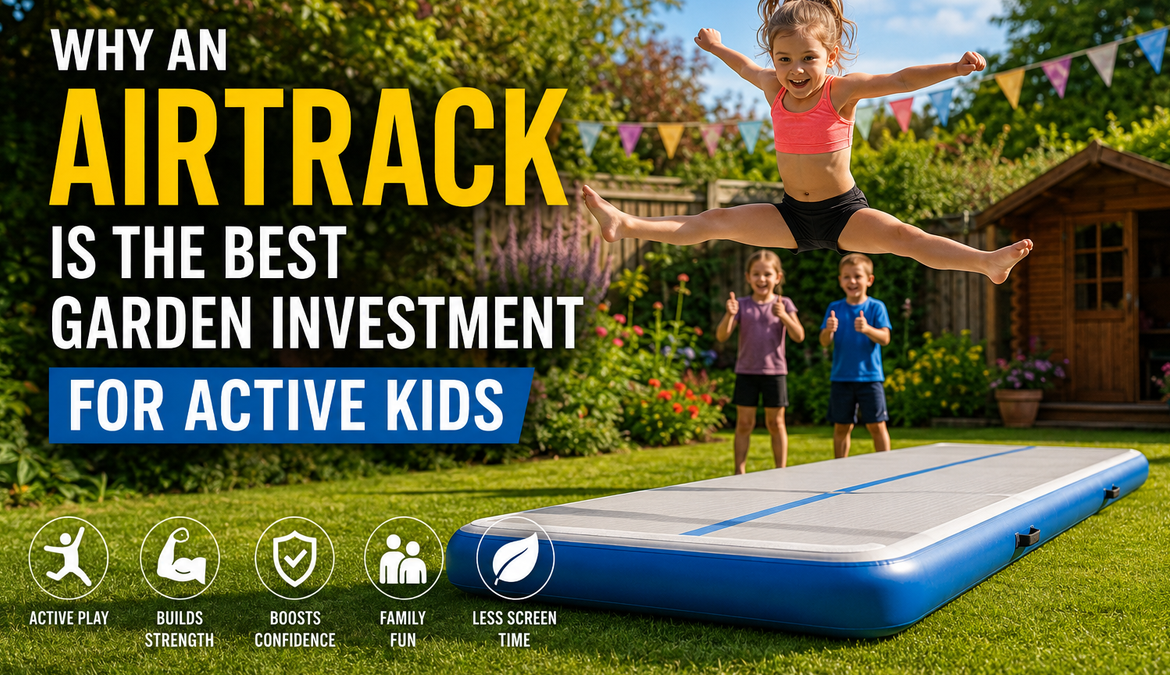 Child jumping on an AirTrack mat in a garden