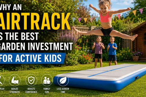 Child jumping on an AirTrack mat in a garden