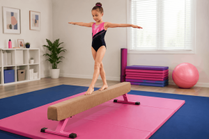 Young gymnast on practice beam