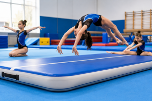 Gymnastics training on inflatable mat with safe landing